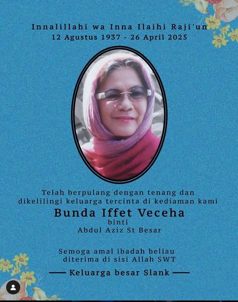 Belum satu bulan setelah penyanyi legenda Titik Puspa berpulang, blantika musik tanah air kembali mendapatkan kabar duka. Bunda Iffet, perempuan legend bagi grup musik papan atas Slank, berpulang.