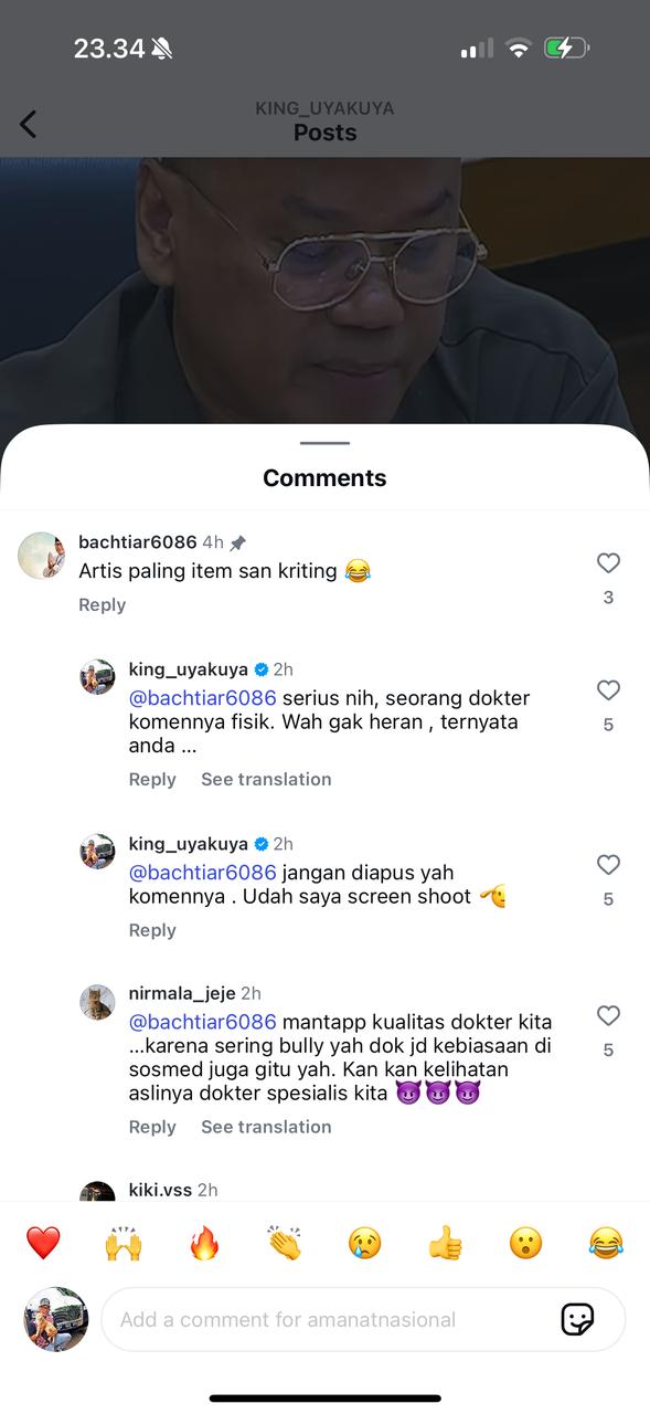 . dr. Mochamad Bachtiar Budianto, Sp.B (K) Onk, FINACS, FICS, Direktur Rumah Sakit dr Syaiful Anwar (RSSA) Kota Malang, kini menjadi sorotan setelah sebuah akun Instagram yang diduga miliknya, @bachtiar6086, mengunggah komentar yang mengandung unsur SARA pada salah satu postingan yang dibagikan oleh anggota Komisi IX DPR RI, Uya Kuya