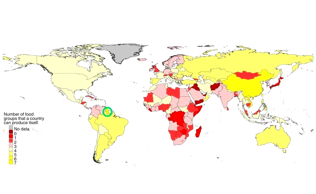 Sebuah studi global terbaru menemukan bahwa dari 186 negara yang dianalisis, hanya Guyana yang mampu memproduksi seluruh kebutuhan pangannya sendiri tanpa bergantung pada impor. Temuan ini dipublikasikan dalam jurnal Nature Food oleh tim peneliti dari Universitas Gottingen, Jerman, dan Universitas Edinburgh, Inggris.