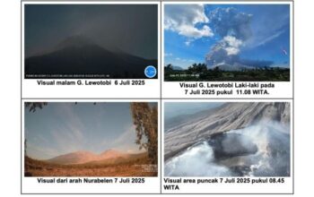 Gunung Lewotobi Laki-laki di Kabupaten Flores Timur, Nusa Tenggara Timur, kembali mengalami erupsi eksplosif pada Senin (7/7) pukul 11.05 WITA.