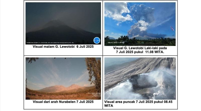Gunung Lewotobi Laki-laki di Kabupaten Flores Timur, Nusa Tenggara Timur, kembali mengalami erupsi eksplosif pada Senin (7/7) pukul 11.05 WITA.
