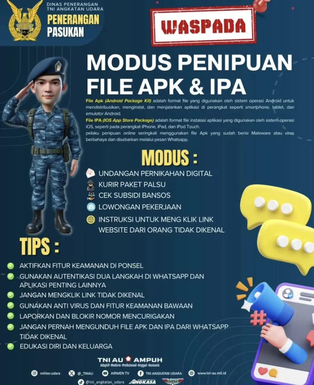 TNI AU Ingatkan Bahaya Penipuan Lewat File APK dan IPA, Modus Baru di WhatsApp