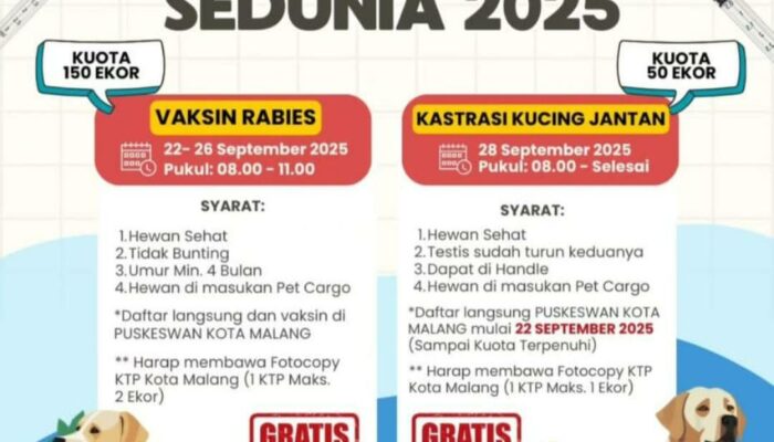 Peringati Hari Rabies Sedunia 2025, Pemkot Malang Gelar Vaksinasi Gratis dan Kastrasi Kucing Jantan