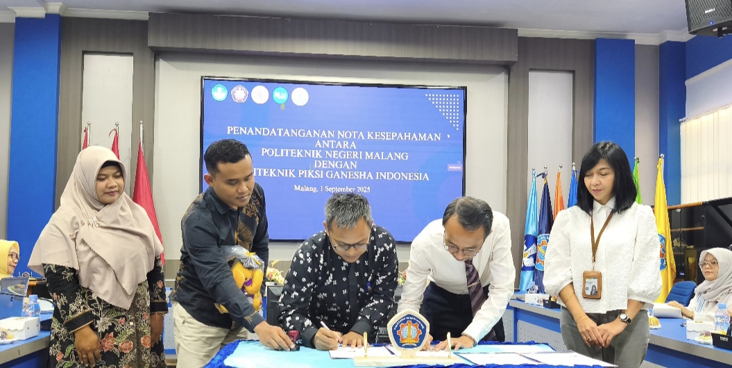 Politeknik Negeri Malang (Polinema) resmi menjalin kerja sama dengan Politeknik Piksi Ganesha Indonesia melalui penandatanganan Nota Kesepahaman (NK) yang berlangsung di Ruang Rapat Pimpinan, Lantai 2 Gedung AA, Senin (1/9).