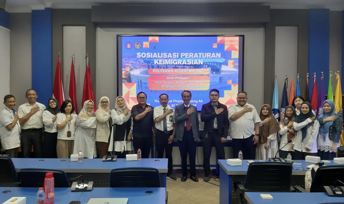 Politeknik Negeri Malang (Polinema) terus memperkuat tata kelola internasional dengan menggandeng Kantor Imigrasi Kelas I TPI Malang dalam kegiatan Sosialisasi Peraturan Keimigrasian untuk Dosen dan Mahasiswa Asing.