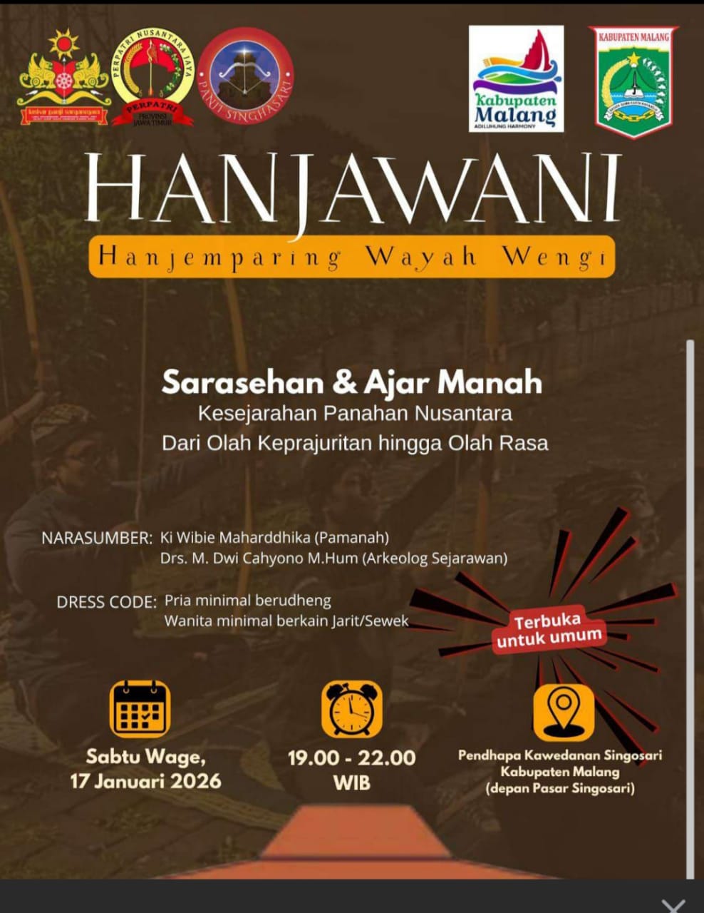 Suasana Pendopo Kawedanan Singosari, mendadak hening sejenak ketika anak panah melesat dari busur menuju sasaran. Di bawah temaram malam, kegiatan bertajuk Hanjawani menghadirkan pengalaman berbeda melalui panahan tradisional yang dipadukan dengan sarasehan budaya. Sabtu (17/1/2026) malam.