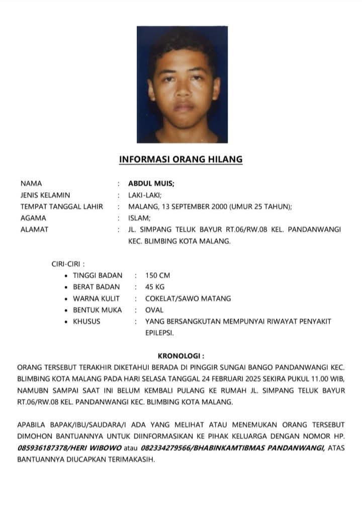 Pemuda Blimbing Dilaporkan Hilang, Terakhir Terlihat di Pinggir Sungai Bango