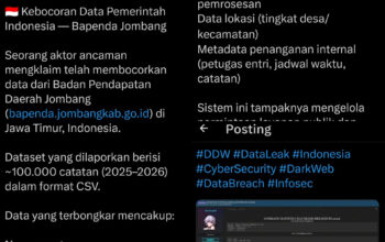Sebanyak 100 ribu data Badan Pendapatan Daerah (Bapenda) Jombang diduga bocor dan beredar di dark web, memicu kekhawatiran terkait keamanan data pribadi warga dan sistem layanan publik daerah.
