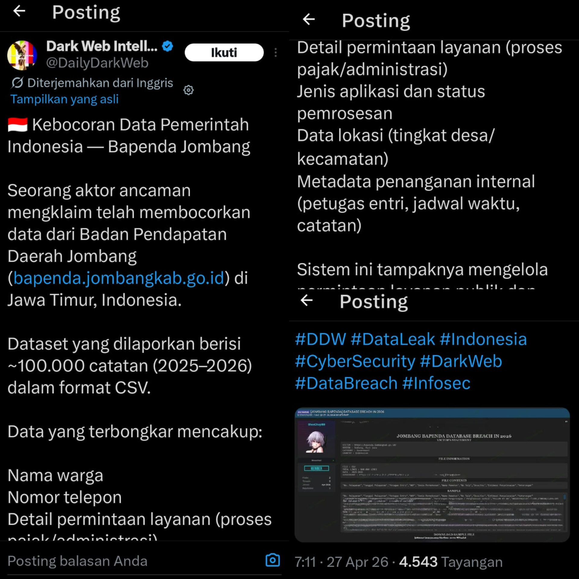 Sebanyak 100 ribu data Badan Pendapatan Daerah (Bapenda) Jombang diduga bocor dan beredar di dark web, memicu kekhawatiran terkait keamanan data pribadi warga dan sistem layanan publik daerah.