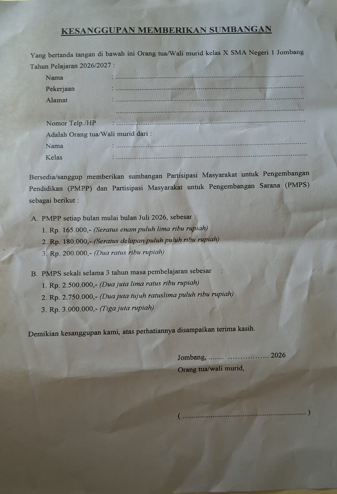 Dikeluhkan Wali Murid, Komite SMAN 1 Jombang Tegaskan Sumbangan Tak Wajib