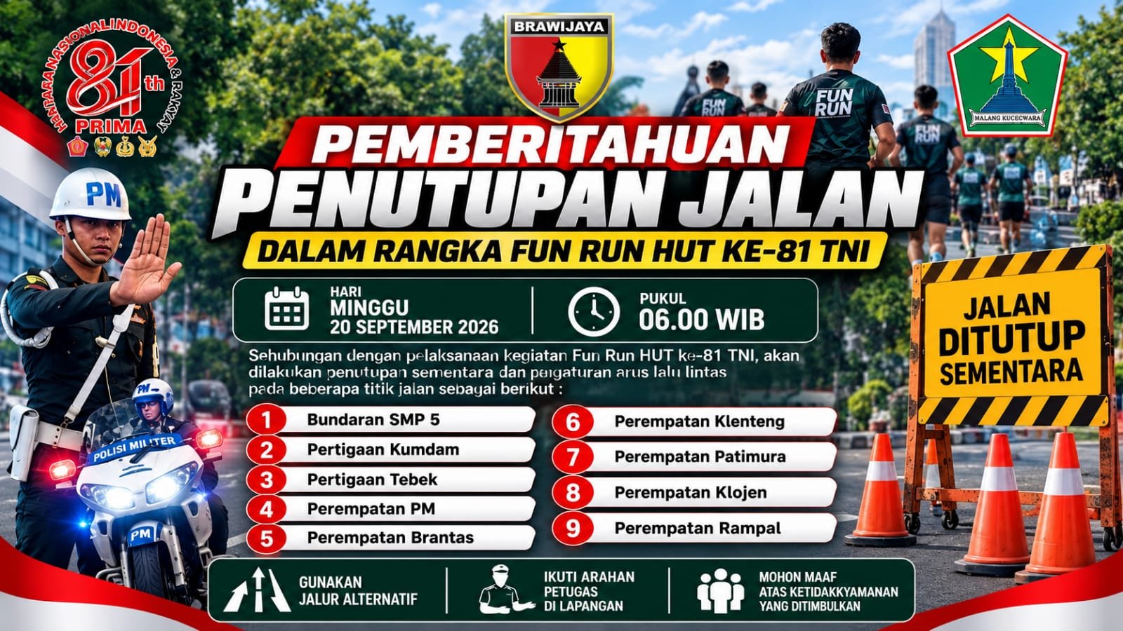 Fun Run HUT ke-81 TNI, Sembilan Titik Jalan di Malang Masuk Pengaturan Lalu Lintas
