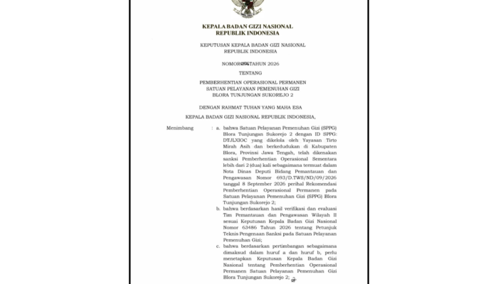 BGN Permanen Setop SPPG Sukorejo 2 Blora, Kerja Sama dengan Yayasan Tirto Mirah Asih Diputus